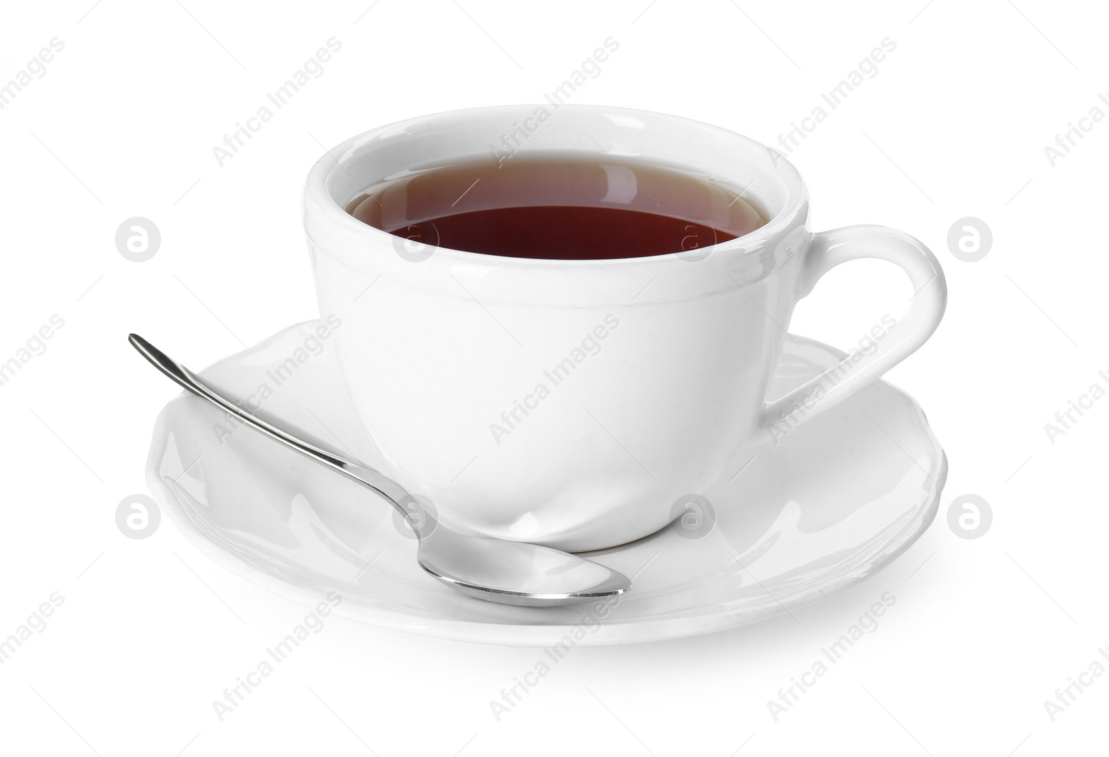 Photo of Aromatic tea in cup and spoon isolated on white