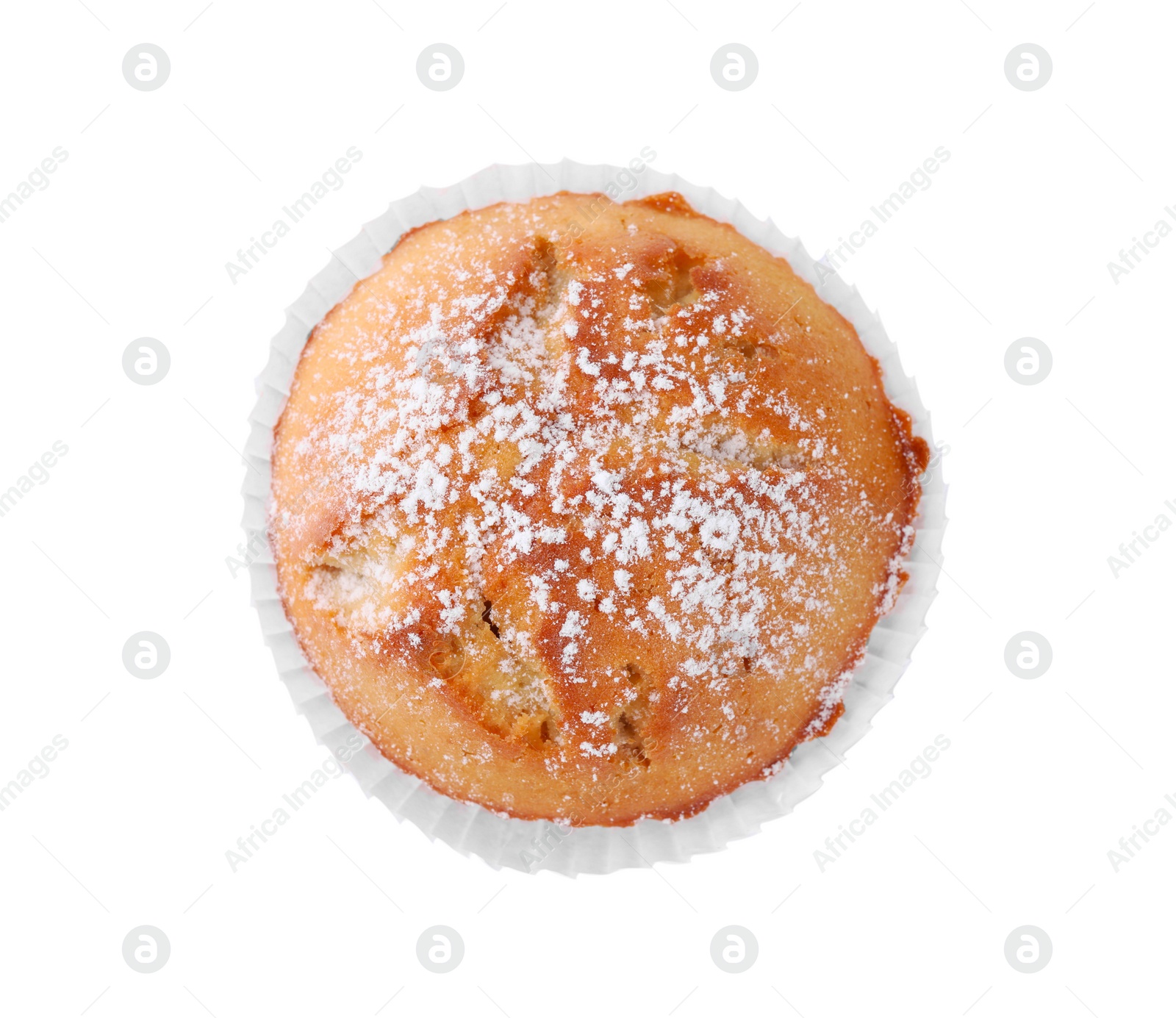 Photo of Tasty muffin powdered with sugar isolated on white, top view