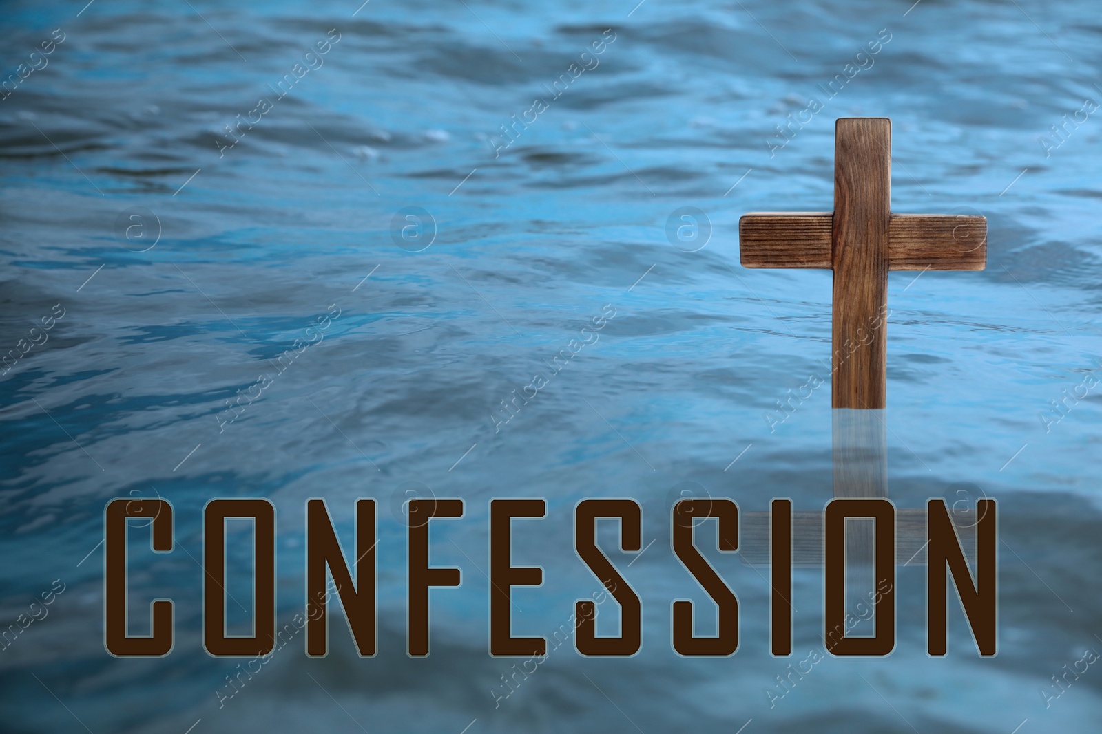 Image of Word Confession near wooden Christian cross in water