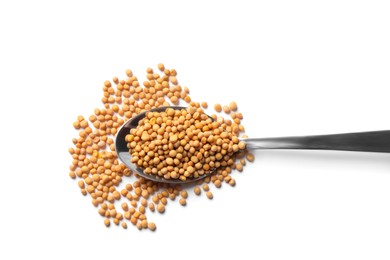 Spoon with mustard seeds on white background, top view