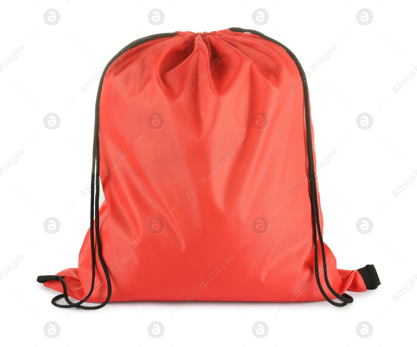 Photo of One red drawstring bag isolated on white