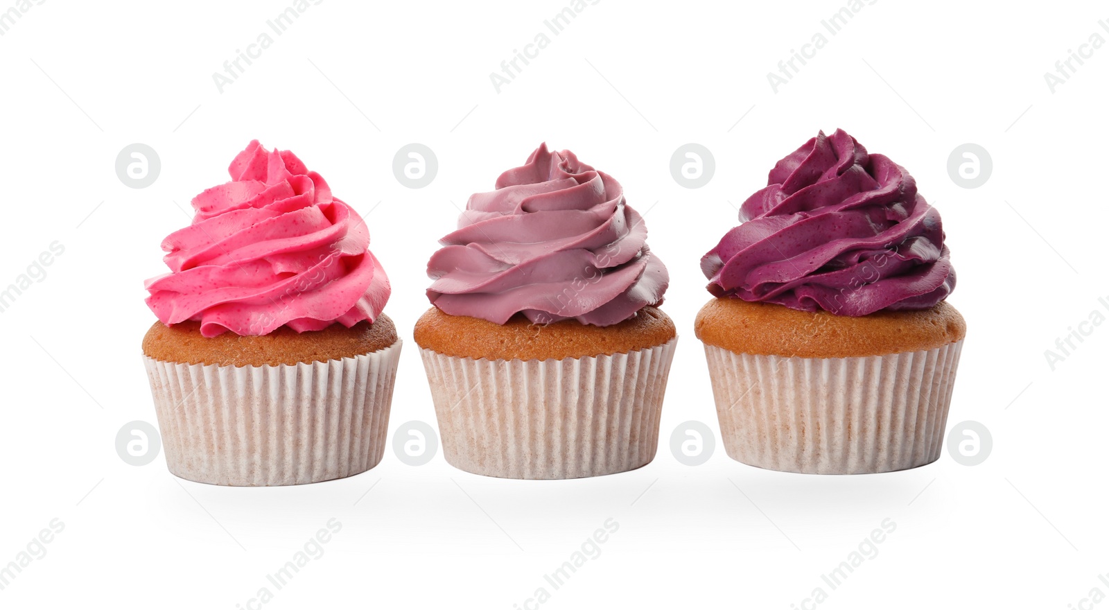 Photo of Different delicious colorful cupcakes on white background