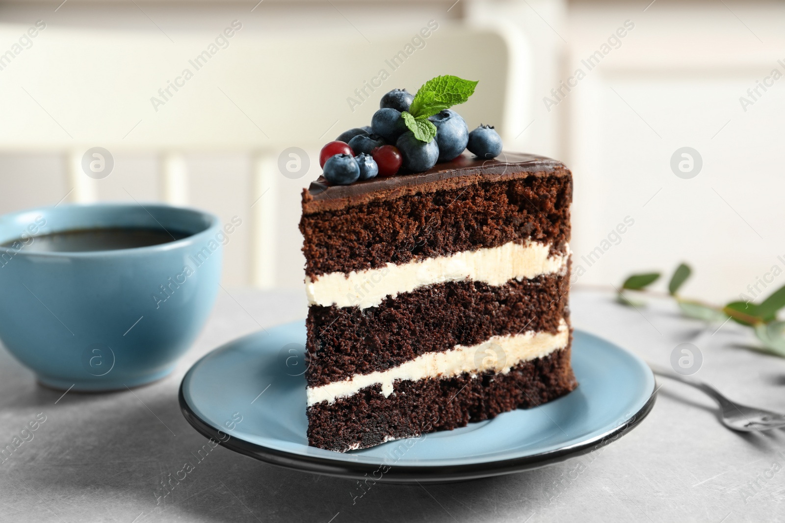 Photo of Plate with slice of chocolate sponge berry cake on grey table