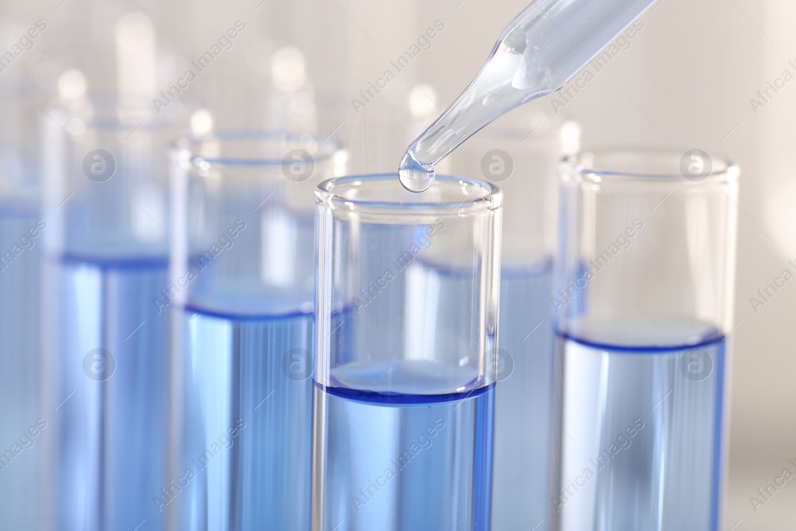 Photo of Laboratory analysis. Dripping light blue liquid from pipette into glass test tube on blurred background, closeup