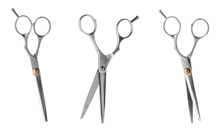 Image of Set of scissors on white background. Professional hairdresser tool