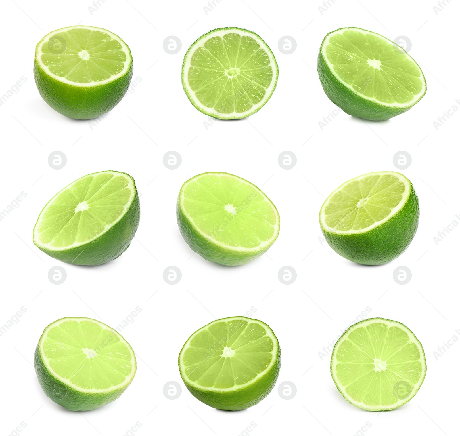 Image of Set of cut fresh ripe limes on white background