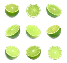 Set of cut fresh ripe limes on white background