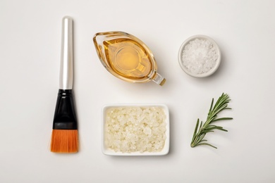 Fresh ingredients for homemade effective acne remedy on white background