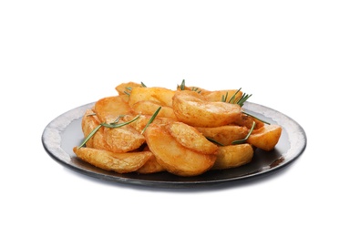 Photo of Plate with baked potatoes and rosemary on white background