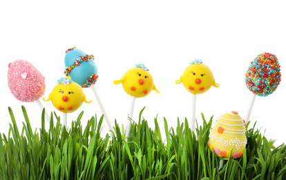 Photo of Different sweet cake pops for Easter celebration and grass on white background