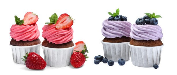 Image of Set with delicious cupcakes on white background. Banner design 