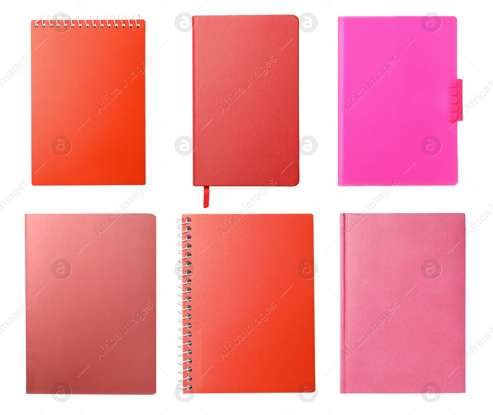 Image of Set with stylish colorful notebooks on white background, top view