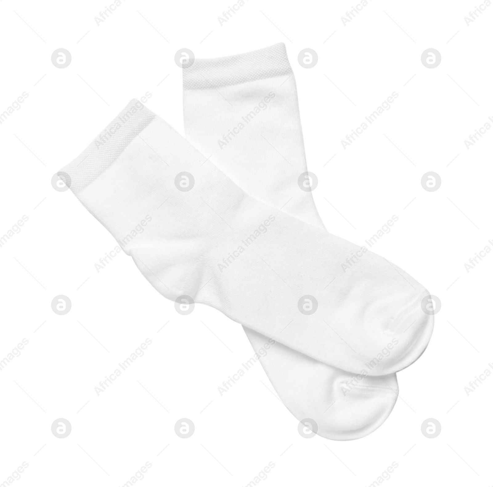 Photo of Pair of new socks isolated on white, top view