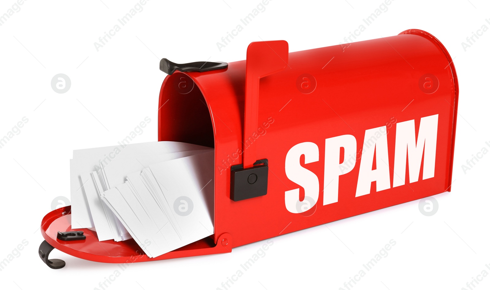 Image of Red letter box with word Spam and envelopes on white background