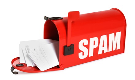 Image of Red letter box with word Spam and envelopes on white background