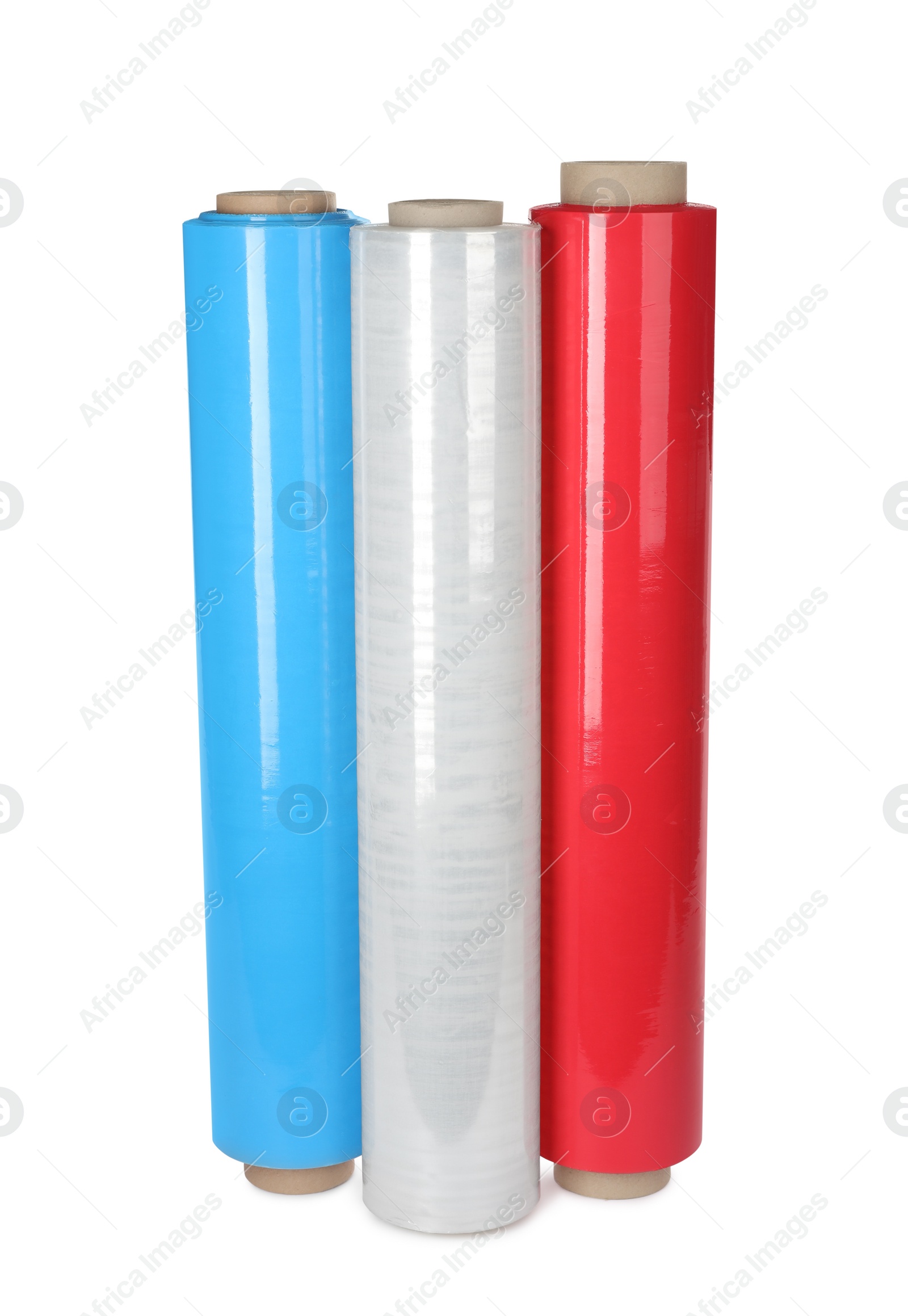 Photo of Different plastic stretch wrap films on white background