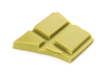 Photo of Piece of tasty matcha chocolate bar isolated on white