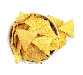 Bowl with tasty Mexican nachos chips on white background, top view