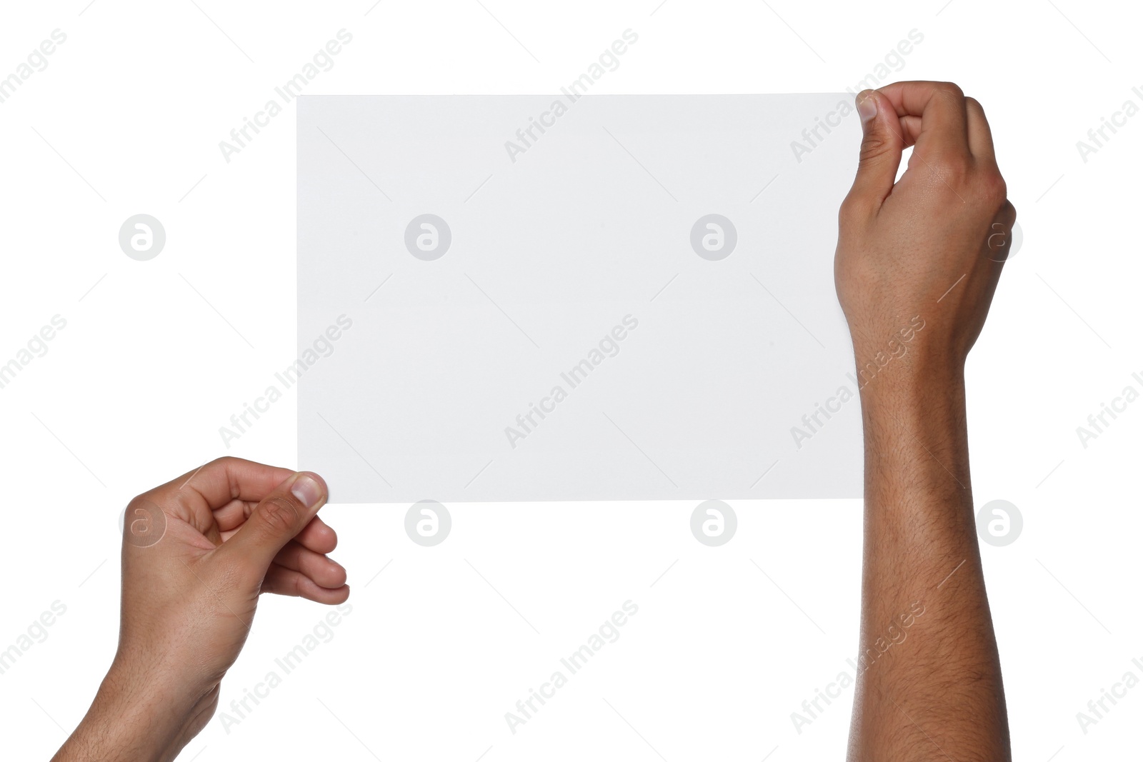 Photo of Man holding sheet of paper on white background, closeup. Mockup for design