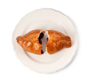 Photo of Delicious baked patty with cherry on white background, top view