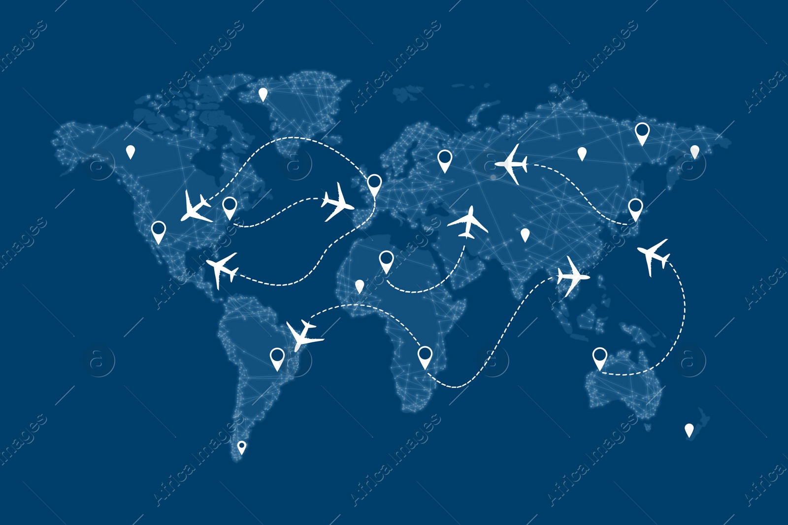 Illustration of Flight routs map with airplanes on it, illustration 