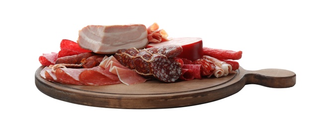 Cutting board with different meat delicacies on white background