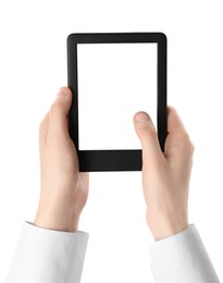 Photo of Woman using e-book reader on white background, closeup