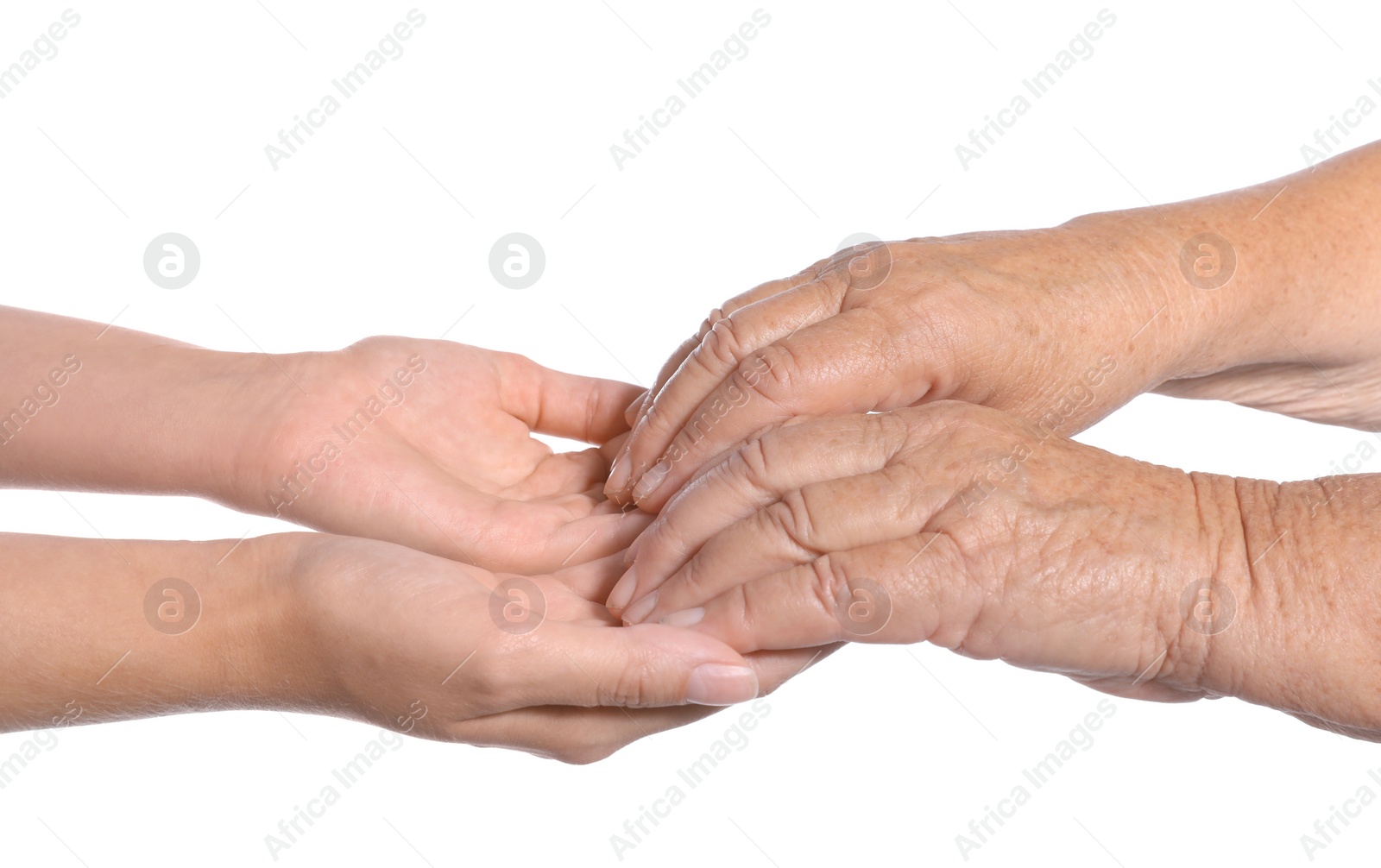 Photo of People holding hands together on white background. Help and elderly care service