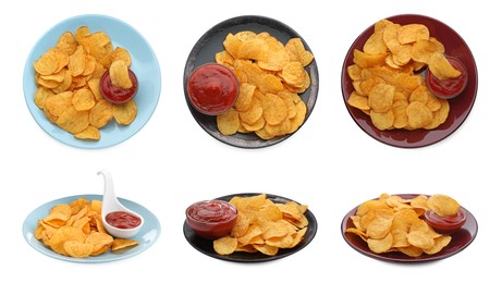 Collage of tasty chips served with ketchup on white background, top and side views