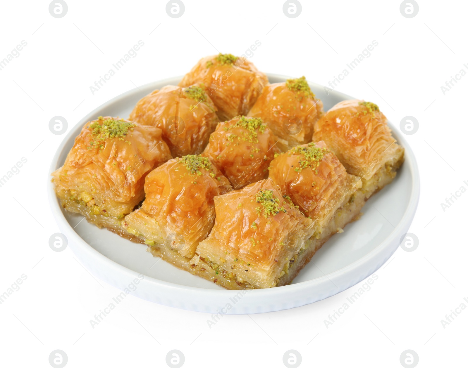 Photo of Delicious sweet baklava with pistachio nuts isolated on white