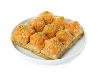 Delicious sweet baklava with pistachio nuts isolated on white