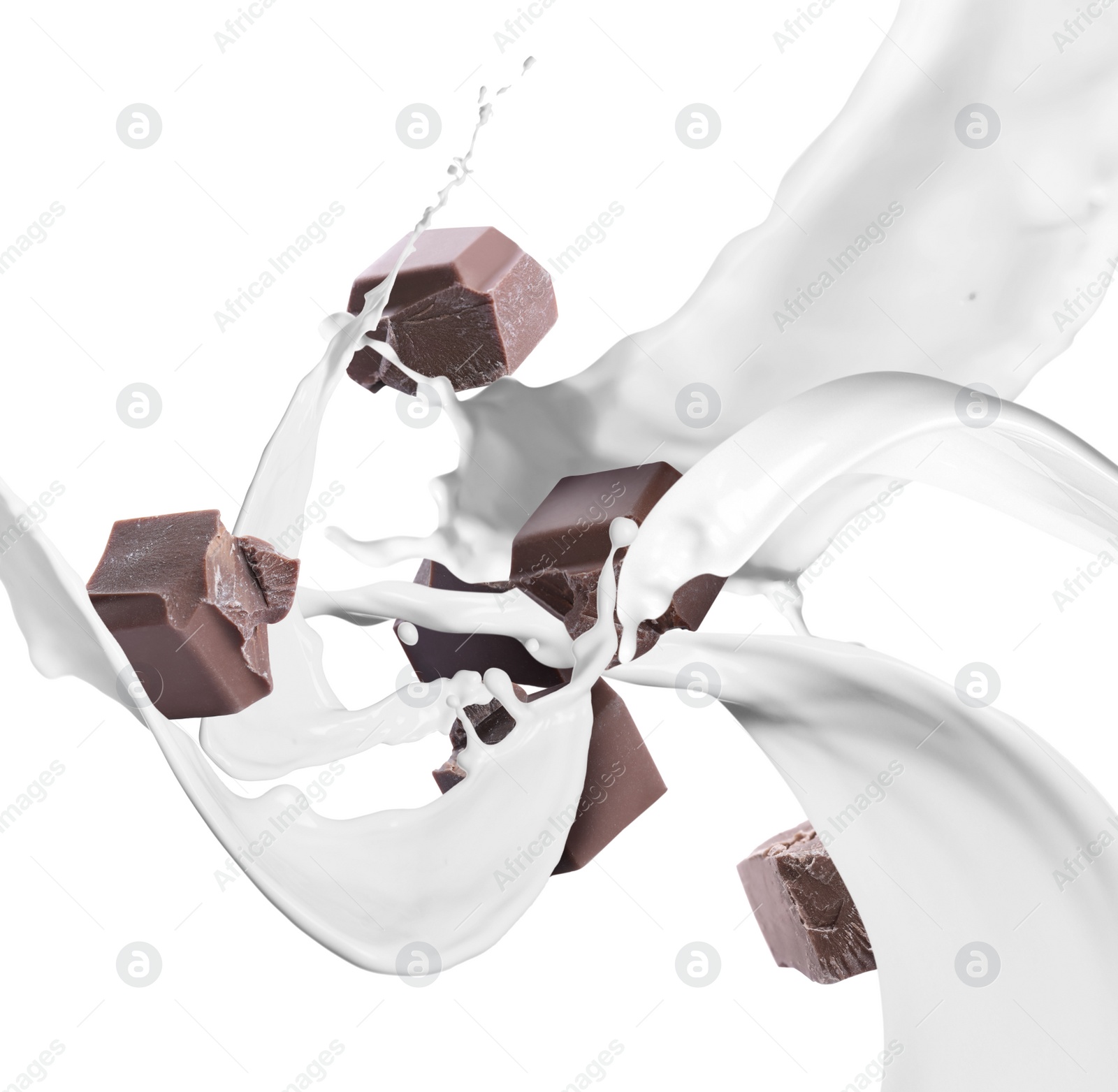 Image of Delicious chocolate and splashes of milk on white background