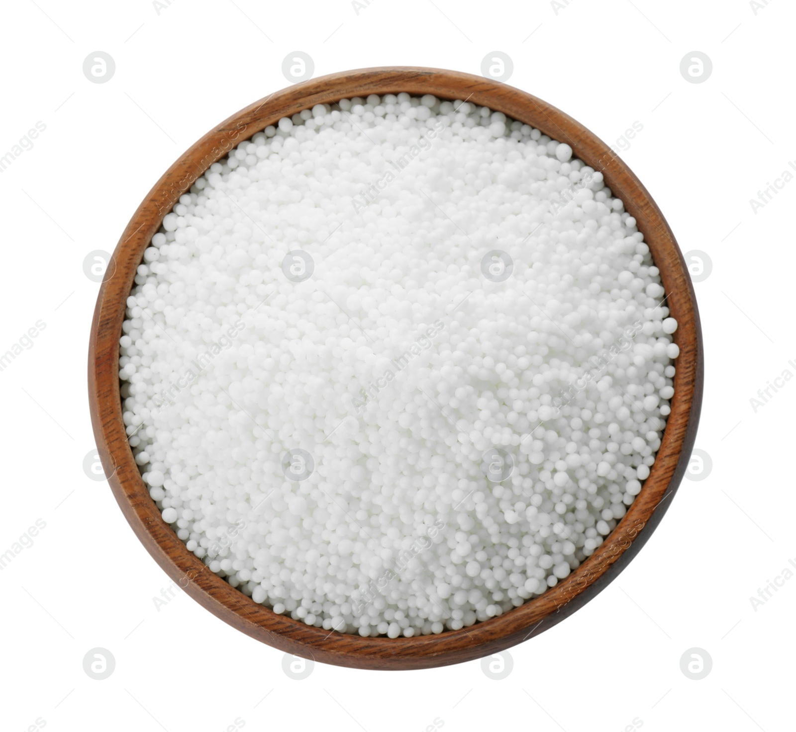 Photo of Pellets of ammonium nitrate in bowl isolated on white, top view. Mineral fertilizer