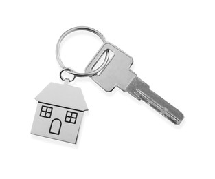 Photo of Key with metallic keychain in shape of house isolated on white, top view