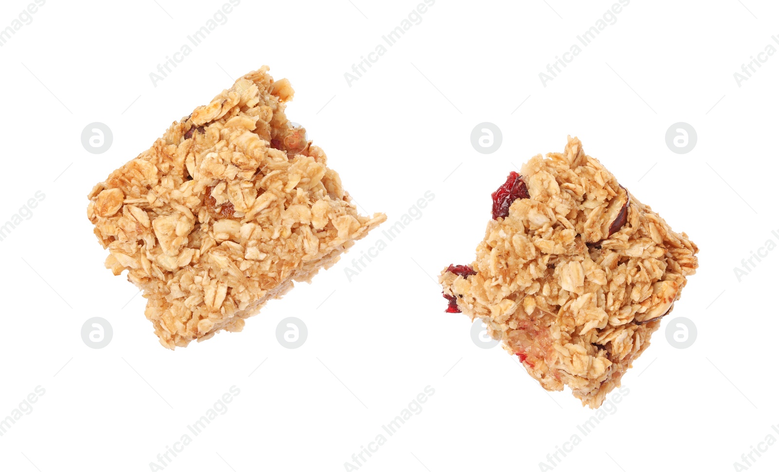 Photo of Pieces of tasty granola bar isolated on white