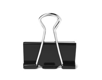 Photo of Black binder clip isolated on white. Stationery