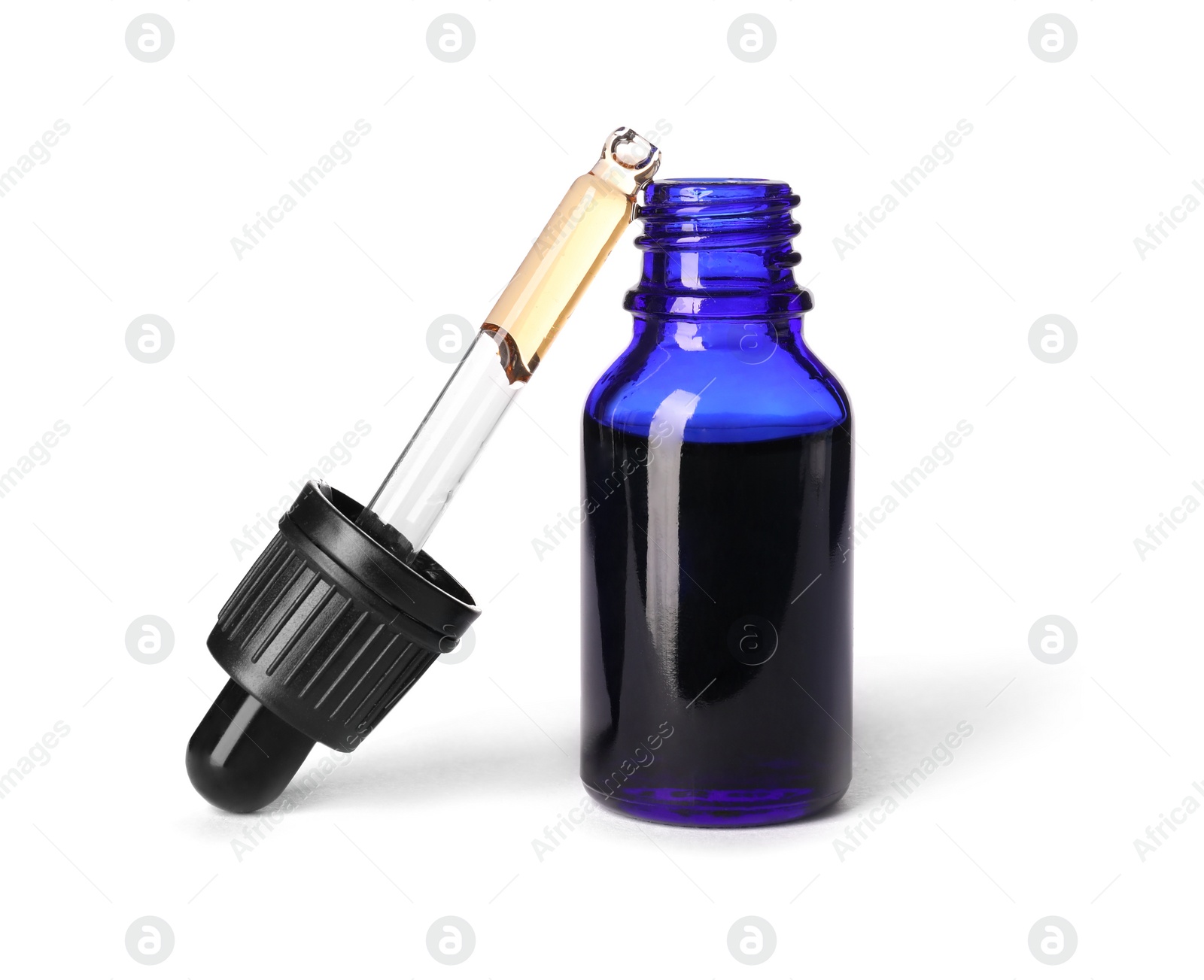 Photo of Cosmetic bottle and pipette with essential oil on white background