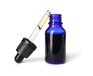 Photo of Cosmetic bottle and pipette with essential oil on white background