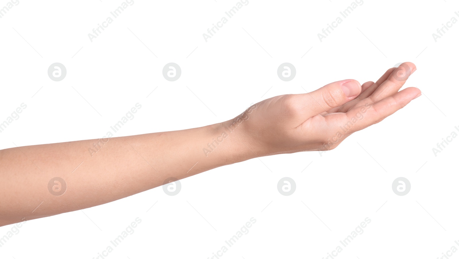 Photo of Woman against white background, closeup on hand