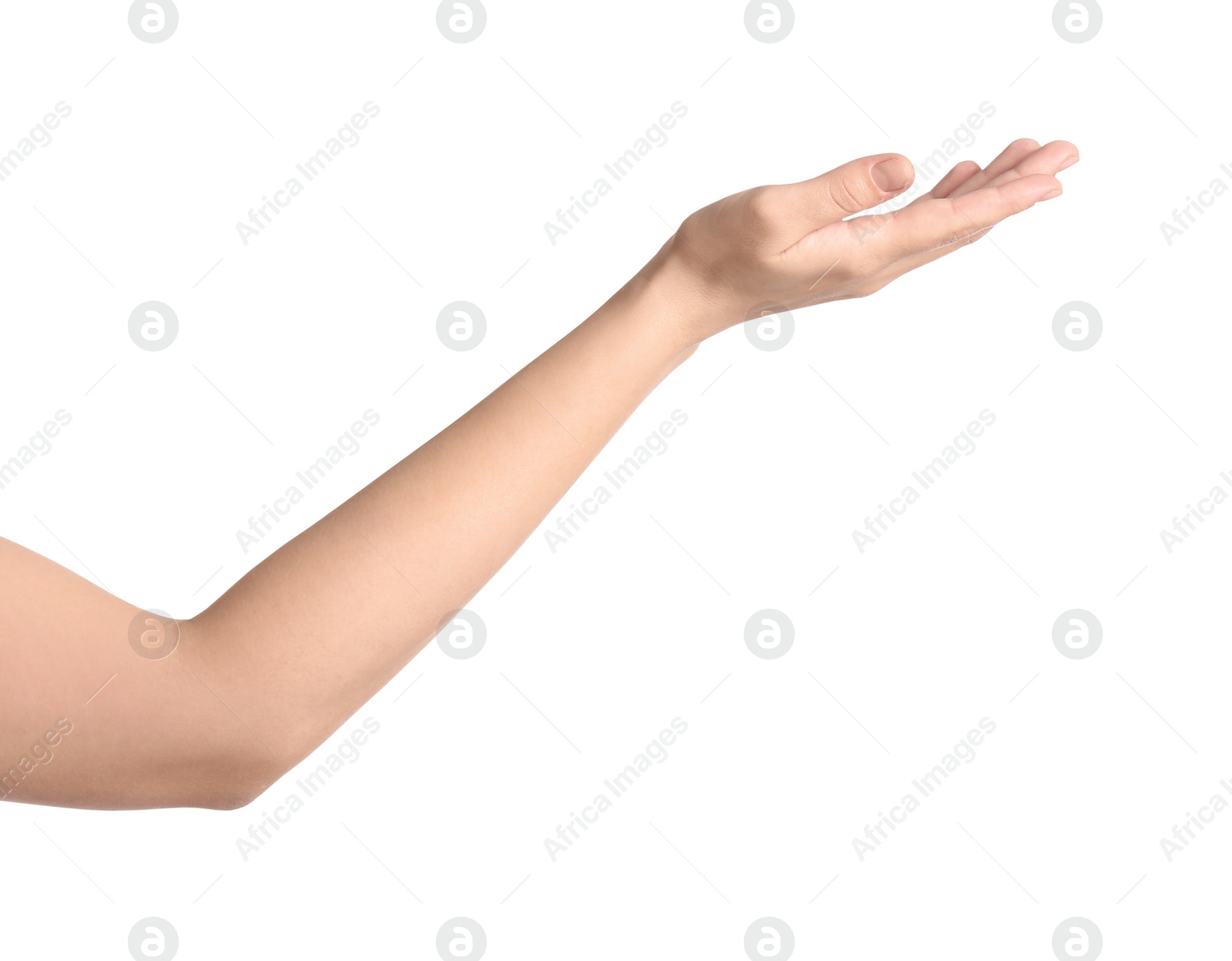 Photo of Woman against white background, closeup on hand