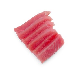Photo of Tasty sashimi (slices of fresh raw tuna) isolated on white, top view
