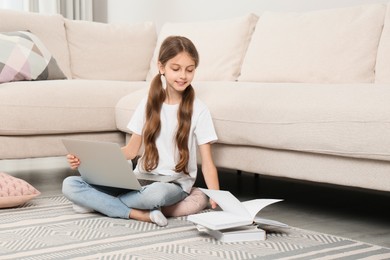 Photo of Girl with laptop and books sitting on floor at home