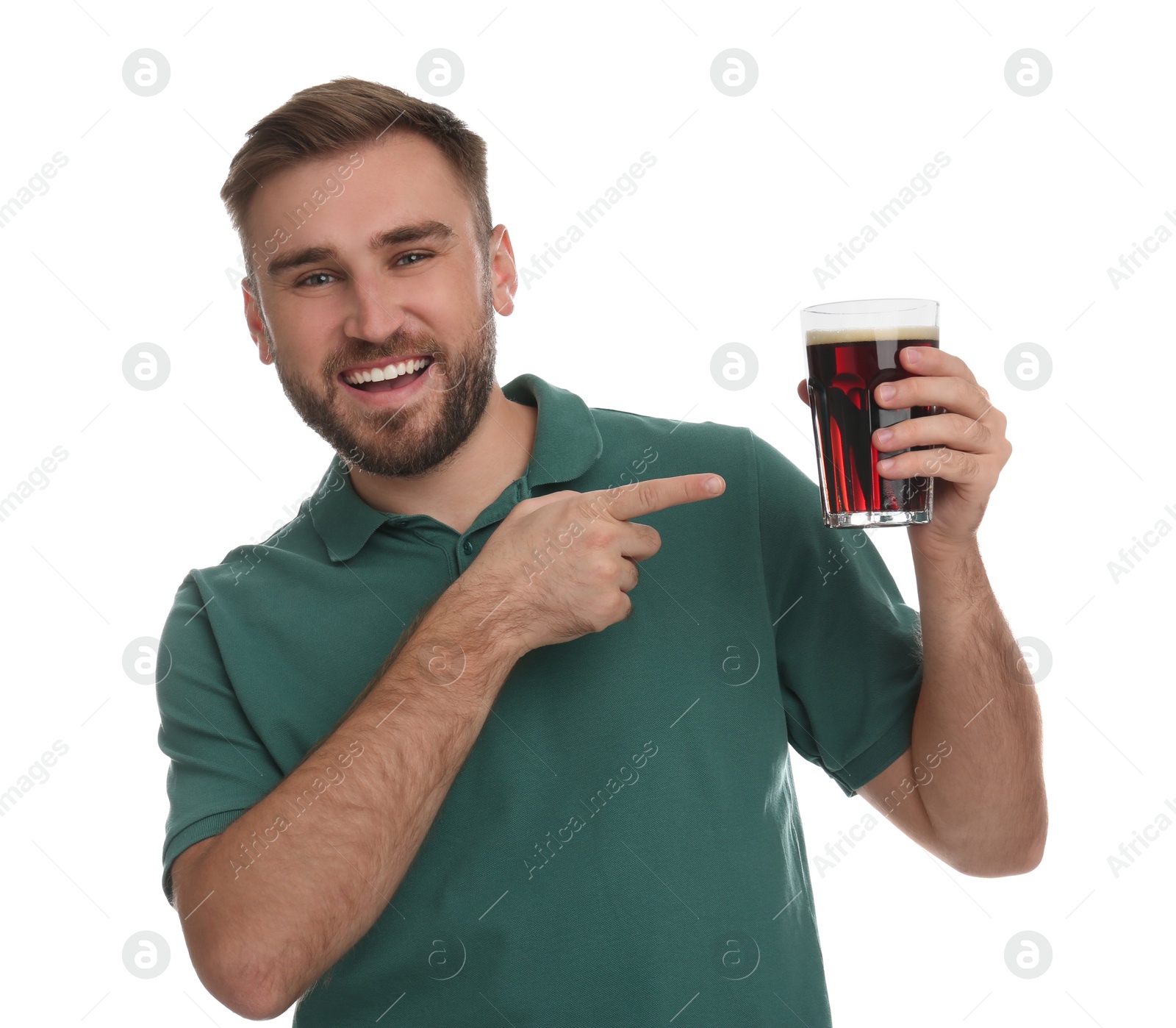 Photo of Handsome man with cold kvass on white background. Traditional Russian summer drink