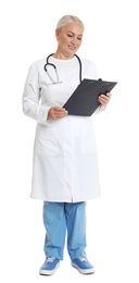 Full length portrait of female doctor with clipboard isolated on white. Medical staff