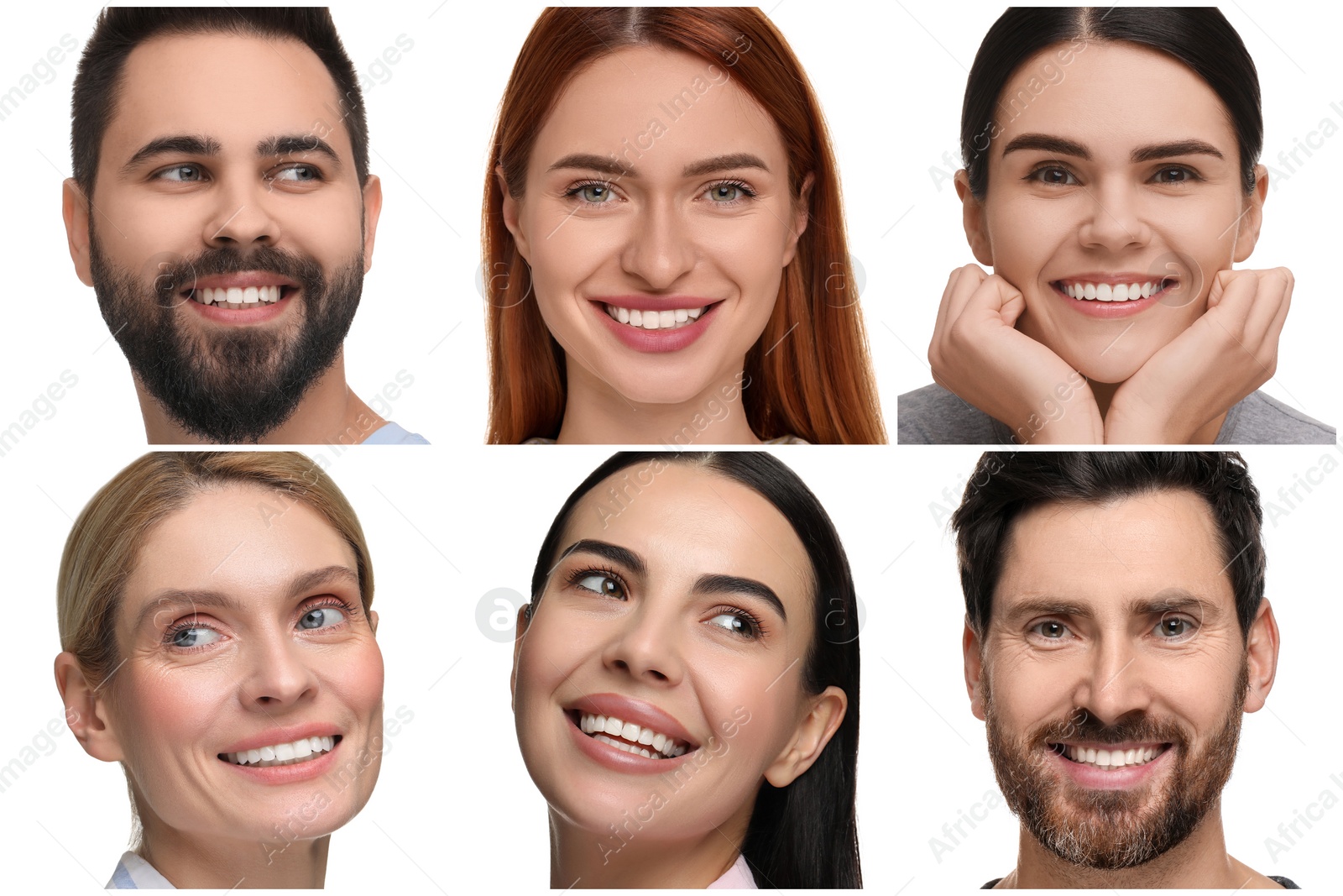 Image of People showing white teeth on white background, collage of photos