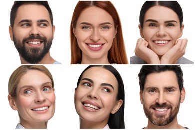 Image of People showing white teeth on white background, collage of photos