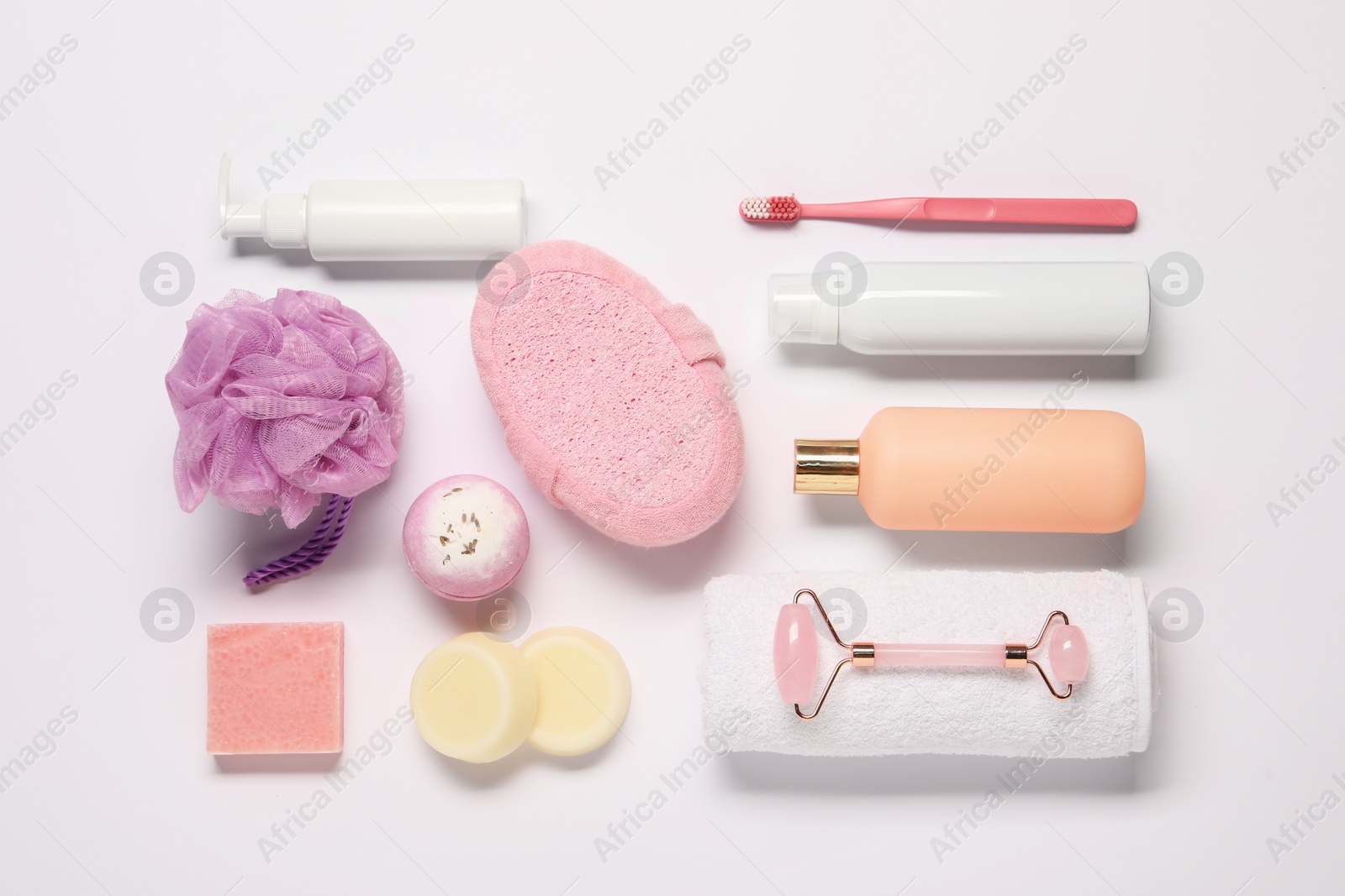 Photo of Bath accessories. Different personal care products on white background, flat lay