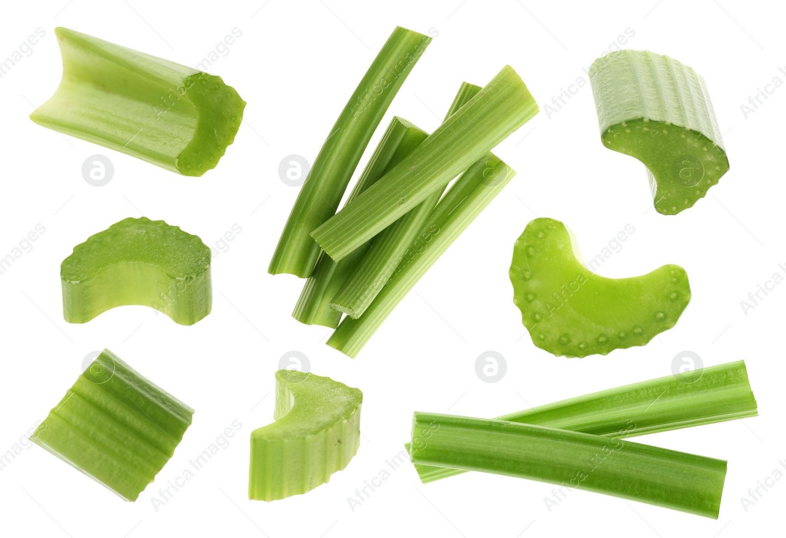 Image of Collage with fresh green celery on white background