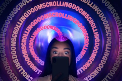 Doomscrolling concept. Shocked woman reading negative news via mobile phone. Words swirling out from from her head on bright background