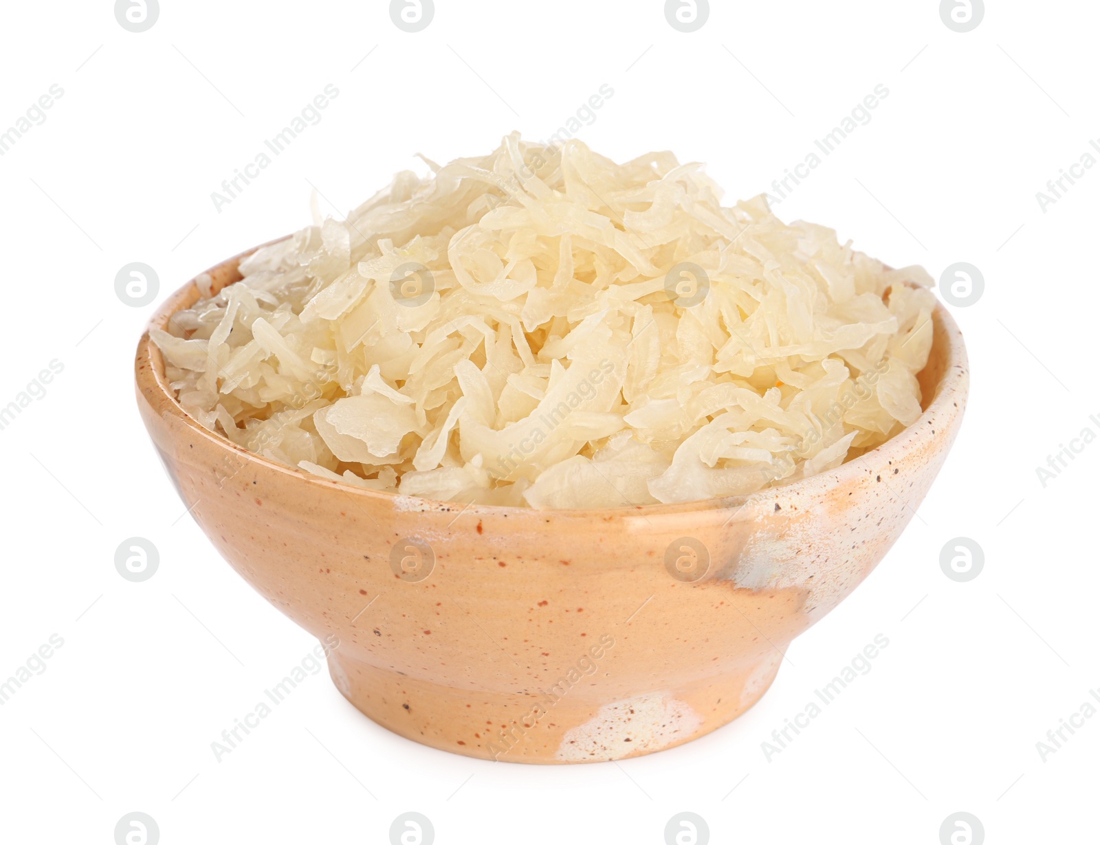 Photo of Bowl of tasty sauerkraut on white background